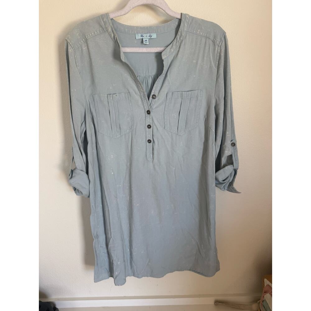 She + Sky Women's Shift Dress Chambray Acid Wash Size Medium